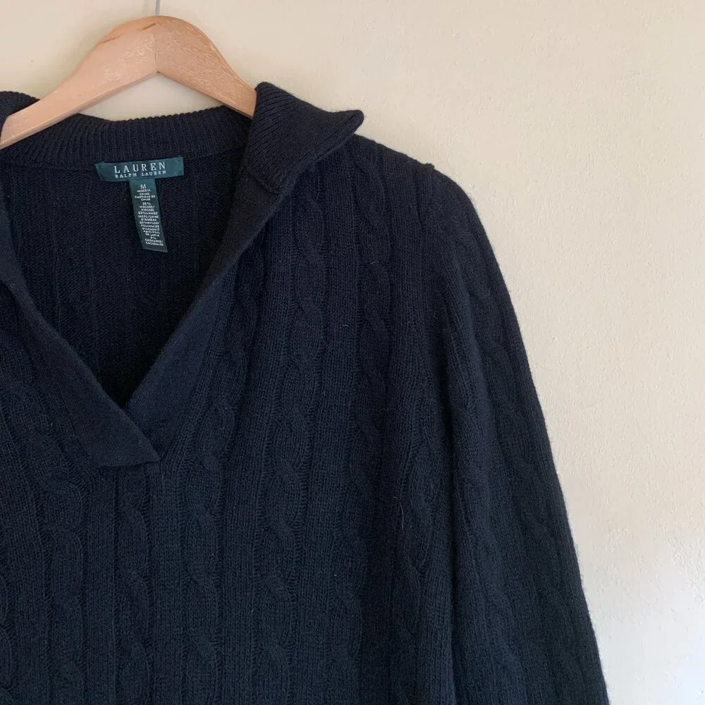 Lauren Ralph Lauren Black Collared Cable Knit Sweater Women's Size Medium Lambsw - Picture 2 of 10